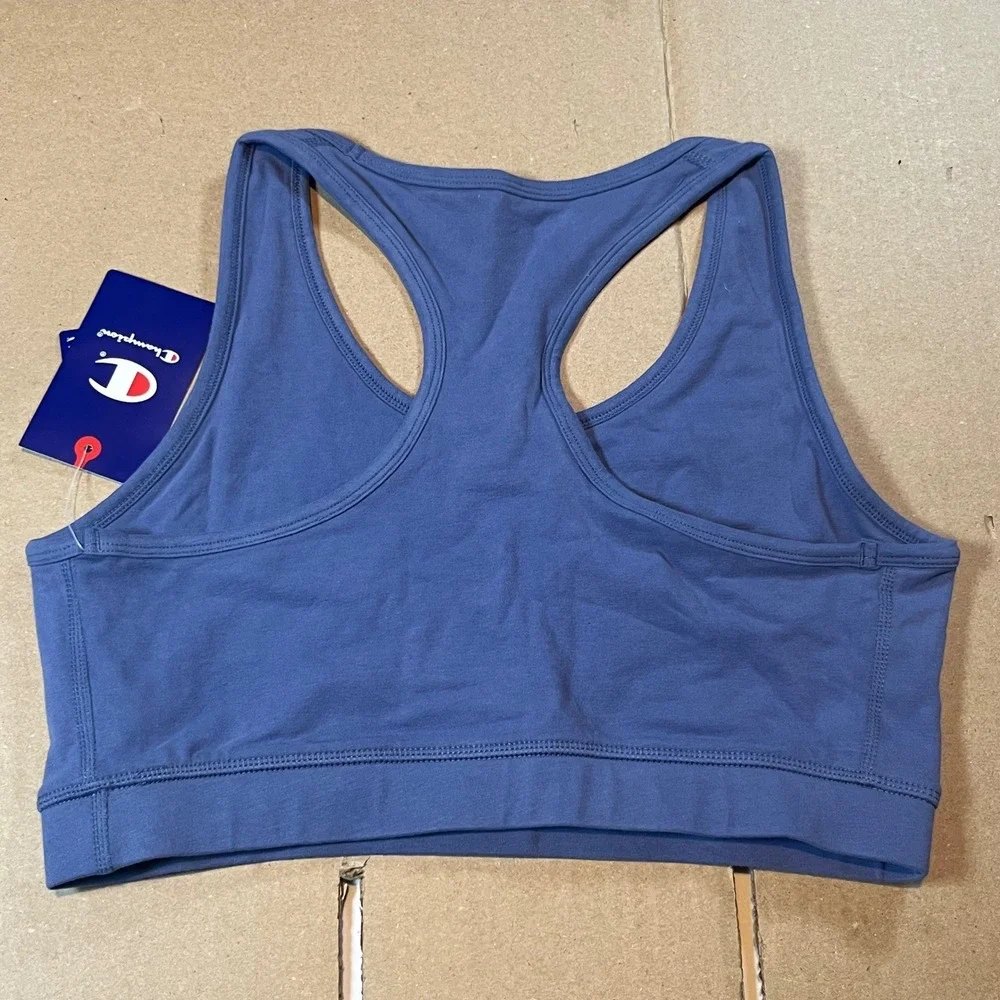 Champion Womens Script Bra Top Coastal Fjord Blue Racerback CPW261BR05010 NEW L